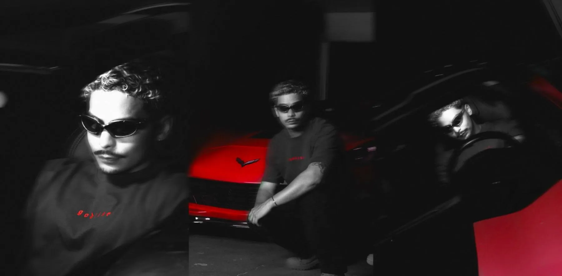 Tríptico nocturno: modelo con lentes junto a un auto rojo