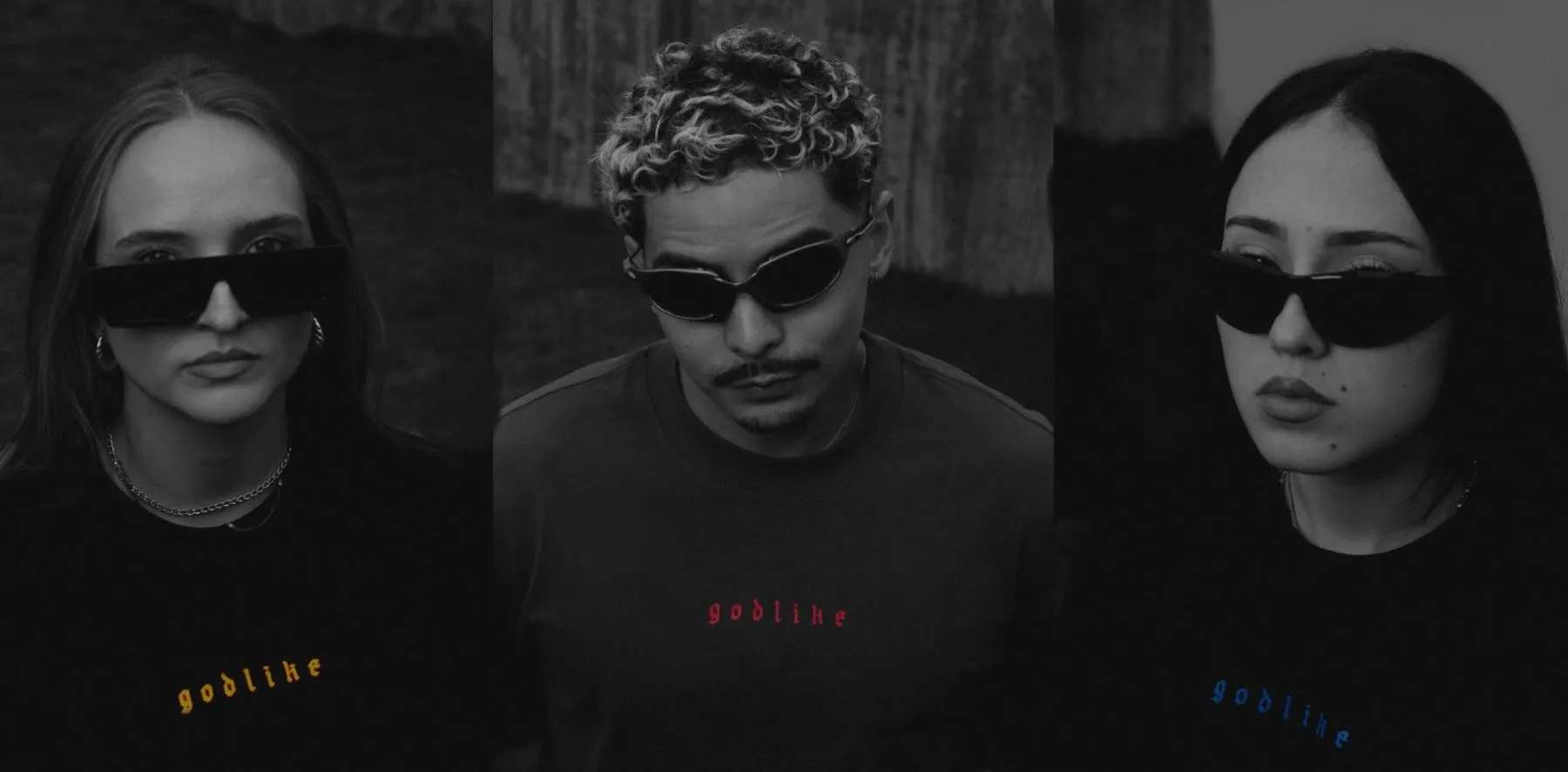 Tres modelos con lentes oscuros vistiendo los tres diseños Dreams
