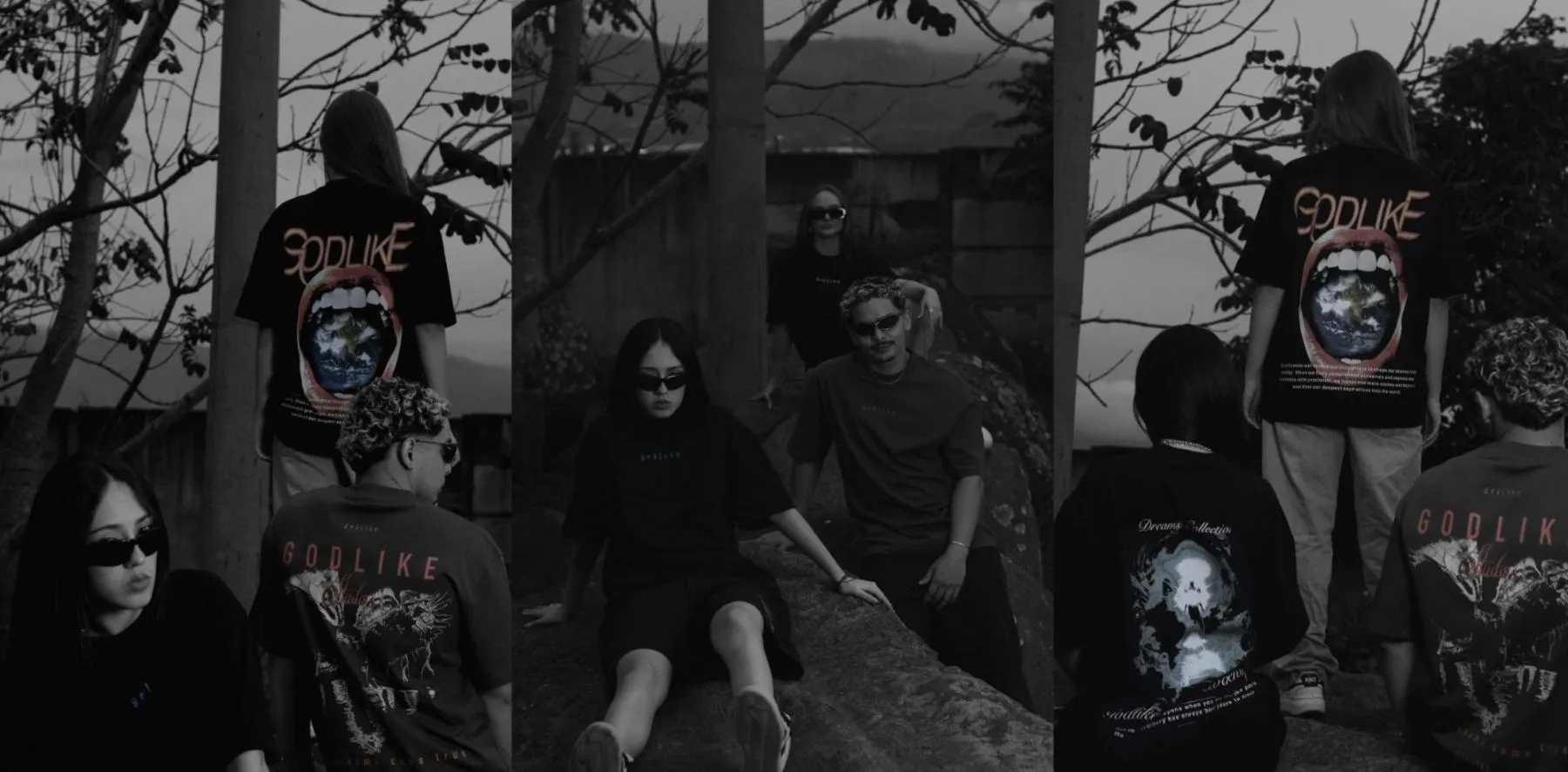 Tríptico del grupo con las camisetas Dreams